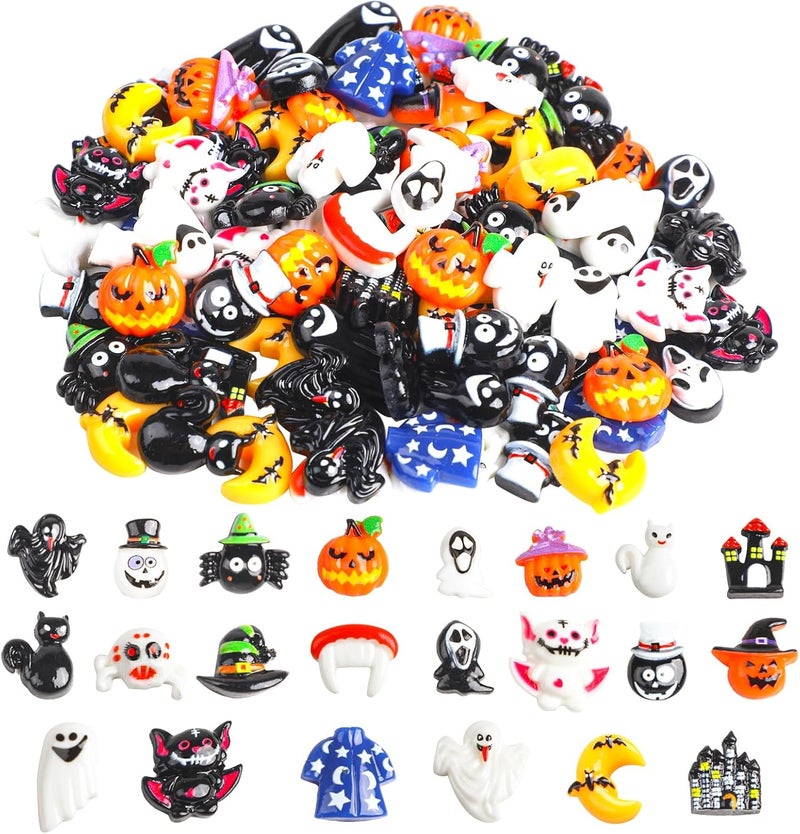 FOIMAS Halloween Resin Flatback Charms,100pcs Pumpkin Ghost Spider Embellishment Resin Miniatures for Halloween Ornament Supply - Image 1